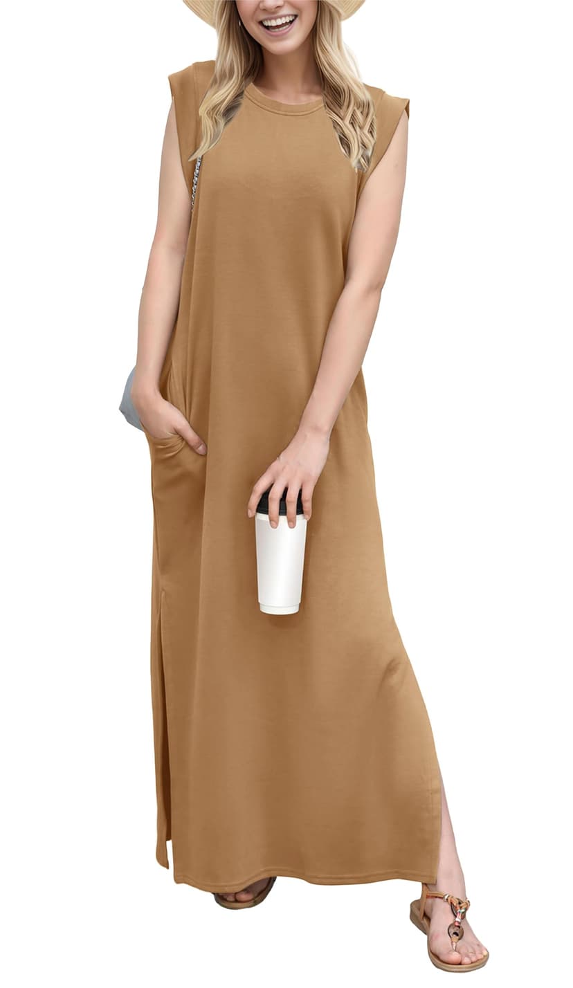 GRECERELLE 2026 Women Year-Round Casual Round Neck Loose Split Wrinkle-Free Long Maxi Vacation Dress with Pockets (XXS-4XL)