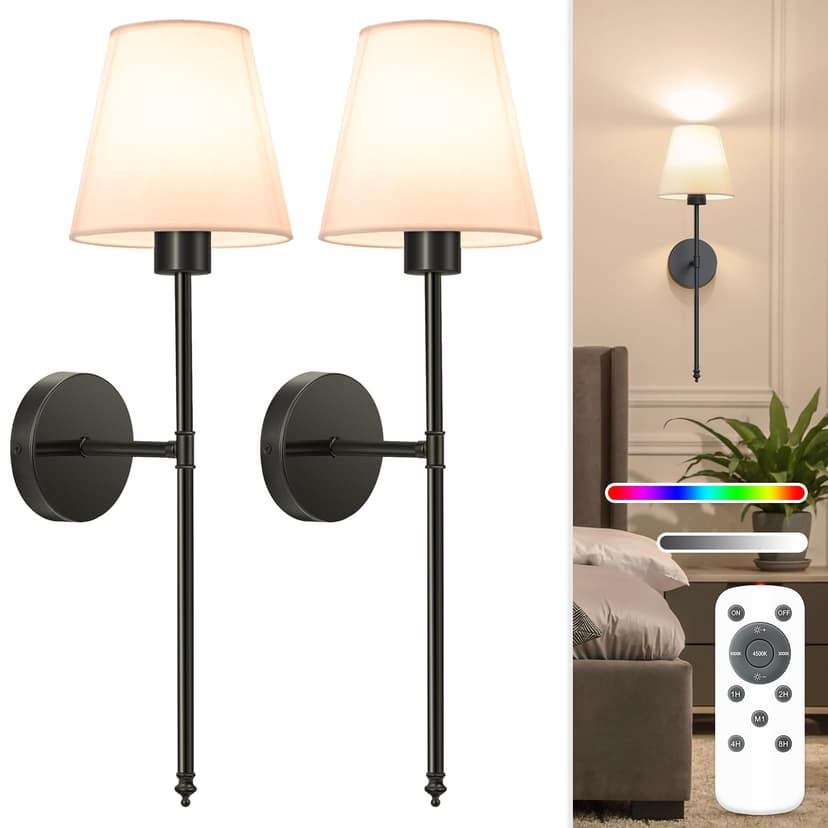NIORSUN Battery Operated Wall Sconce Set of 2,Black Rechargeable Wall Lights with 10400mAh Dimmable Bulbs and Remote,10 Colors Wireless Wall Lamps for Bedroom Living Room Hallway Decor