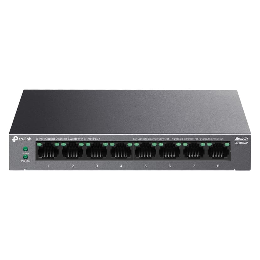 TP-Link LS108GP | 8 Port PoE Gigabit Ethernet Switch | 8 PoE+ Port @ 62W | Plug & Play | Extend Mode | PoE Auto Recovery | Desktop/Wall Mount | Silent Operation