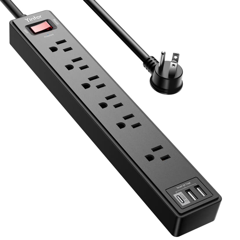 Yintar 6Ft Surge Protector Power Strip with 6 Outlets & 3 USB Ports, Black | 6 Feet Flat Plug Extension Cord with Multiple Outlets for Home, Office, Dorm Essentials, 1680 Joules, ETL Listed