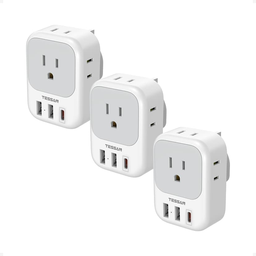TESSAN Type G Adapter for Travel 3 Pack, US to UK Plug Adapter | 4 Outlets 3 USB Ports, USB C 20W, USA to Ireland England London Scotland Dubai Singapore Hong Kong British UAE