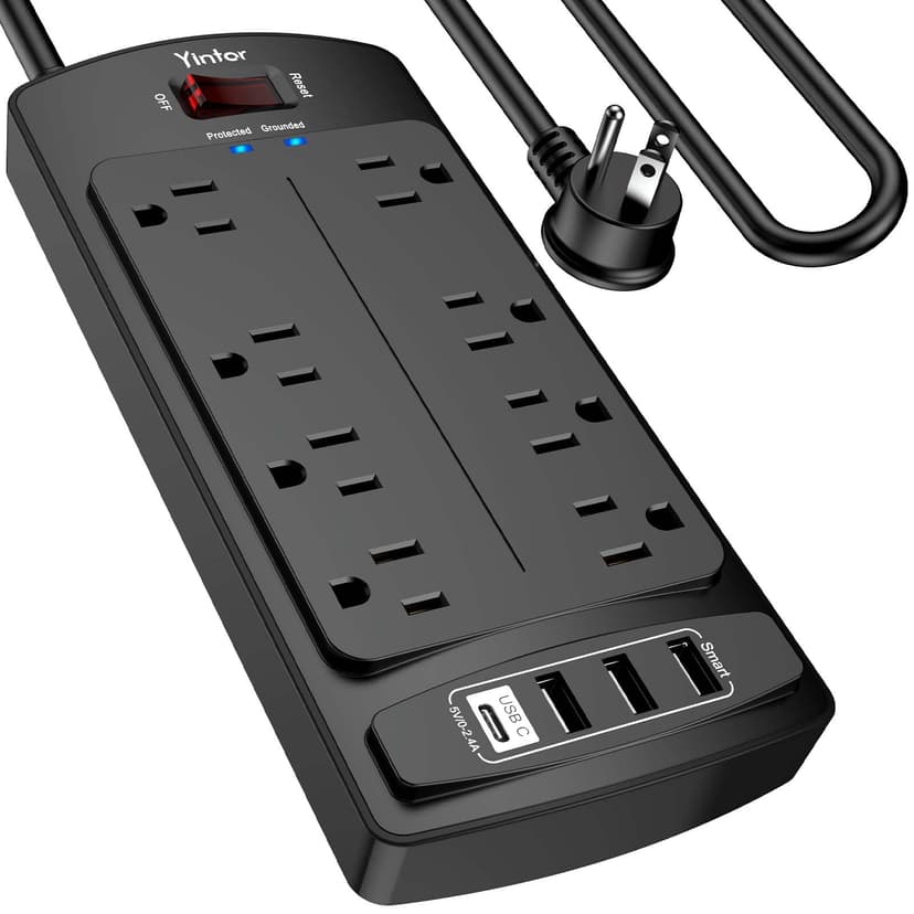 Yintar 10Ft Surge Protector Power Strip with 8 Outlets and 4 USB Ports | 10 Feet Flat Plug Extension Cord with Multiple Outlets for Home, Office, Dorm Essentials, 2700 Joules, ETL, Black