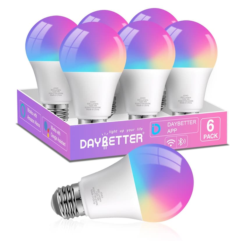DAYBETTER Smart Light Bulbs,Compatible with Alexa & Google Home | A19 E26 Bulbs, 800LM 60W Equivalent,Dimmable RGB+CCT Color Changing,2.4GHz WiFi & Bluetooth,Music Sync,Preset Scenes