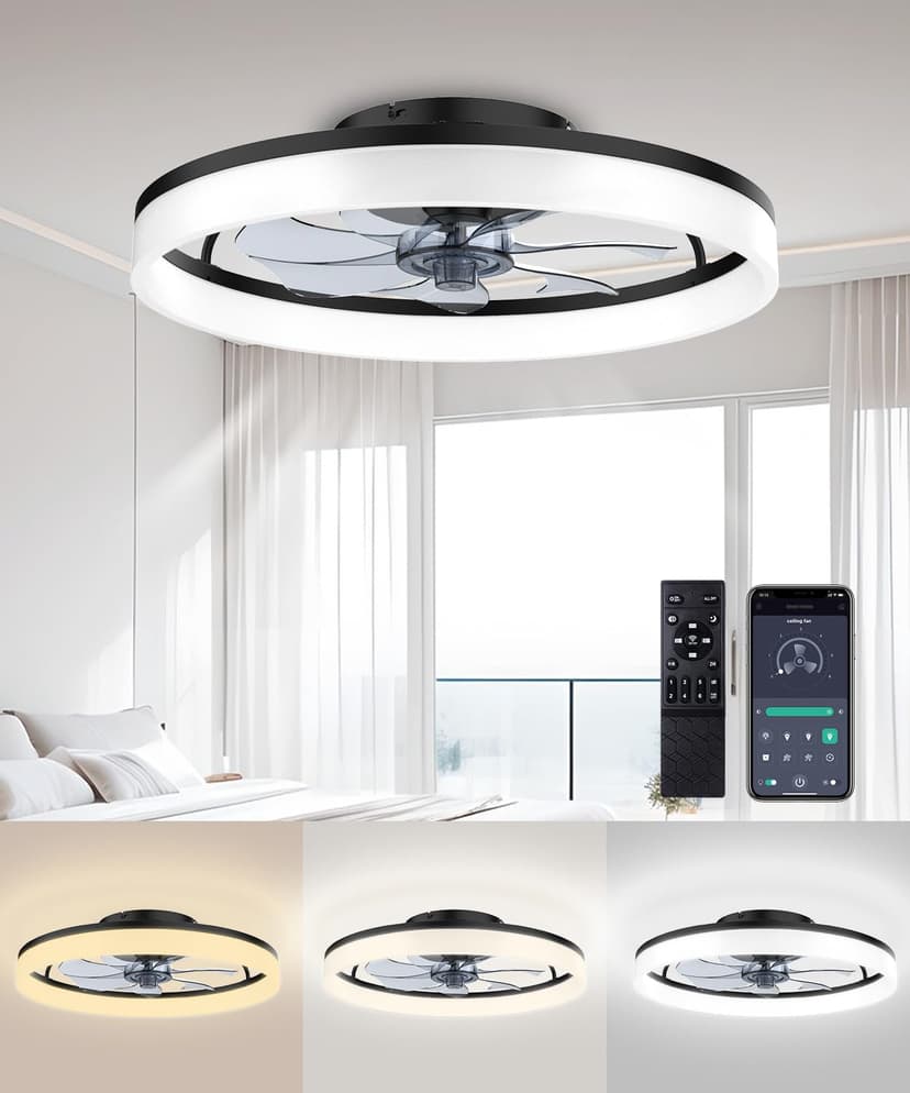 FancyMay Ceiling Fans with Lights and Remote, 20" Modern Low Profile Ceiling Fan, 6-Speed Quiet Reversible Motor, Flush Mount LED Fan Light,Stepless Dimmable for Bedroom & Kids Room (Black)