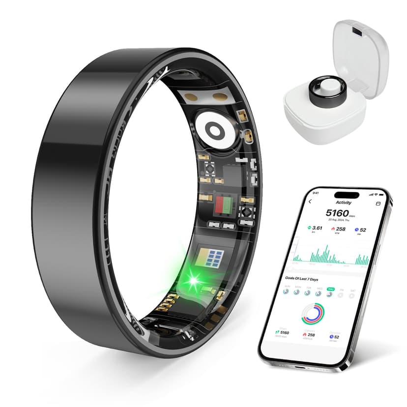 Smart Health Ring Fitness Tracker with Stress & Sleep Monitoring, Waterproof Activity Tracker, Compatible with iOS & Android, No Subscription Fee, Lightweight Wearable for Women & Men (Black, 12)