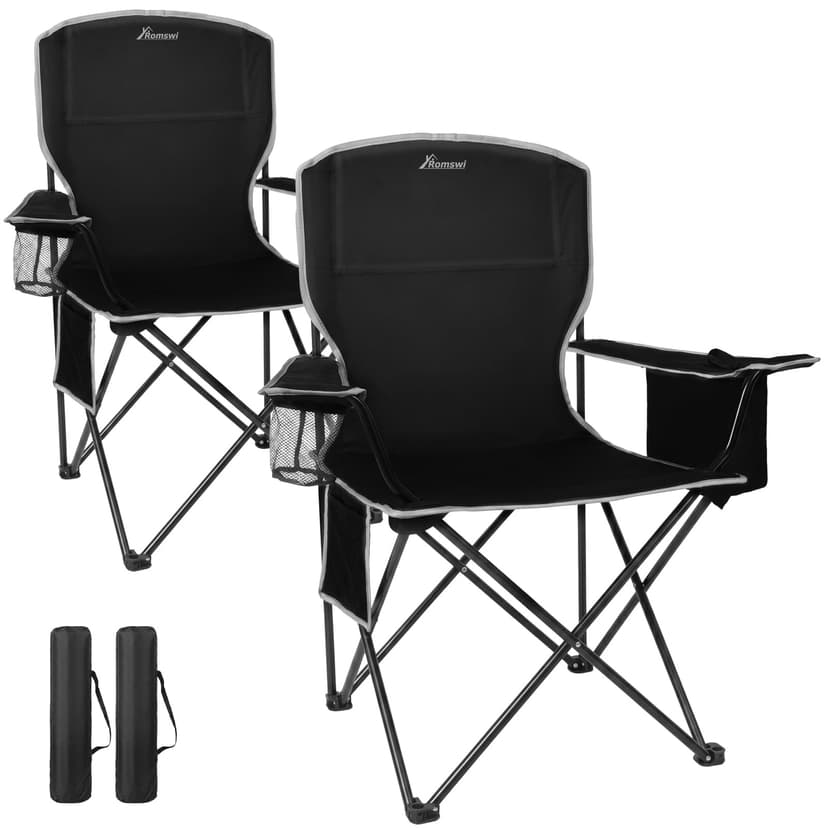 Romswi Lightweight 2Pcs Camping Chairs for Adults 400LBS Capacity, Folding Lawn Chair with 4-Can Cooler Bag, Cup Holder,Collapsible Portable Outdoor Chair for Tailgating, Beach, Fishing,Black