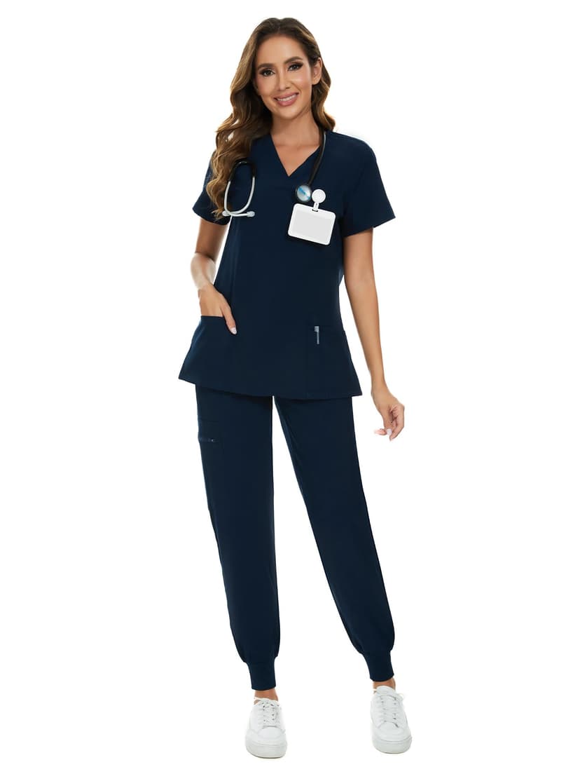 COZYFIT Scrubs for Women Set - Stretch V-Neck & Jogger Pant with 9 Pockets | Yoga Waistband, Water Resistant Workwear, Slim Fit Look, For Nurses, Clinics, Long Shifts, Daily Medical Uniforms