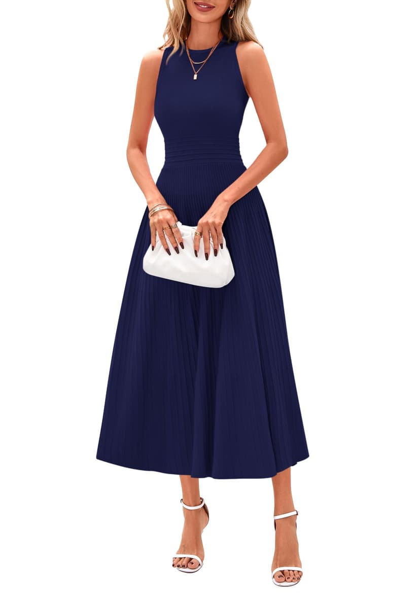PRETTYGARDEN Women's Summer Pleated Midi Work Dress | Sleeveless A Line Knit Business Dresses, Spring Semi Formal Long Dress for Wedding Guest, Cocktail Party, Teacher Outfits