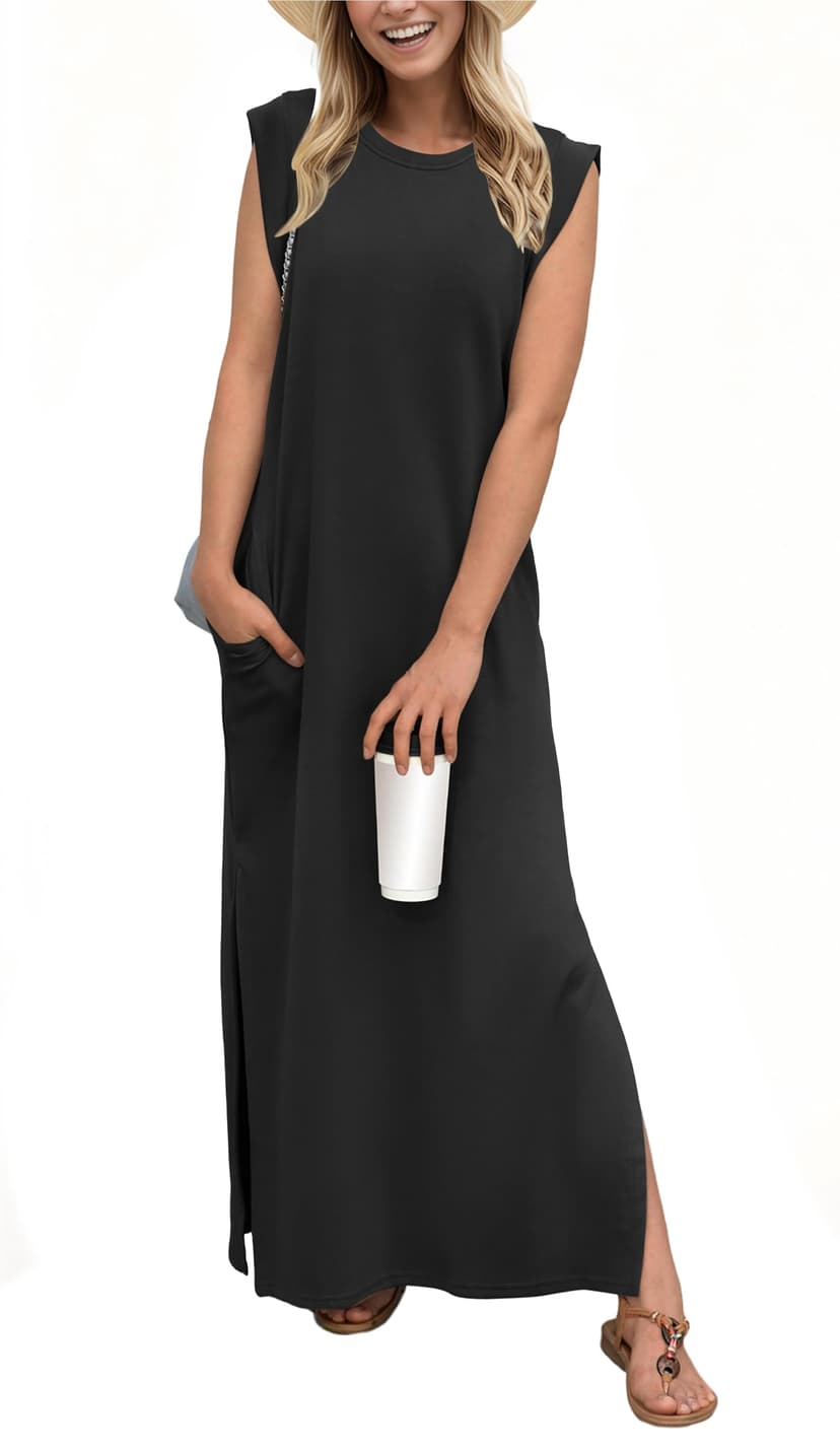 GRECERELLE 2026 Women Year-Round Casual Round Neck Loose Split Wrinkle-Free Long Maxi Vacation Dress with Pockets (XXS-4XL)