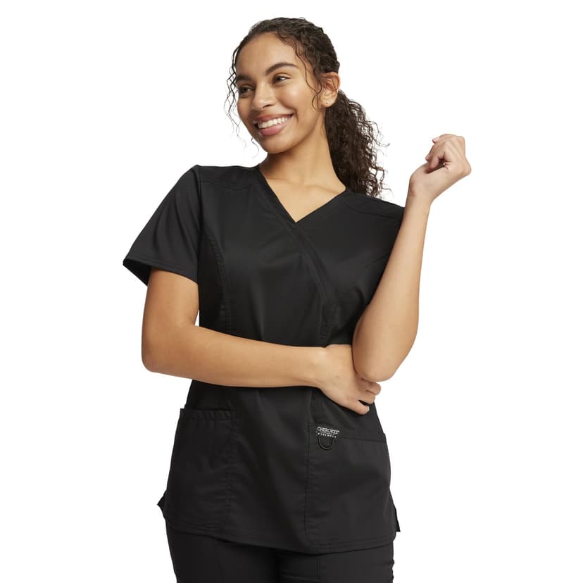 Cherokee WW Revolution Scrub Tops Women Mock Wrap 2 Pockets Nurse Shirt | Slim Fit, Instrument Loop, Soft 2-Way Stretch Fabric, Durable Construction, Side Vents, Easy Care, Breathable, Healthcare Use