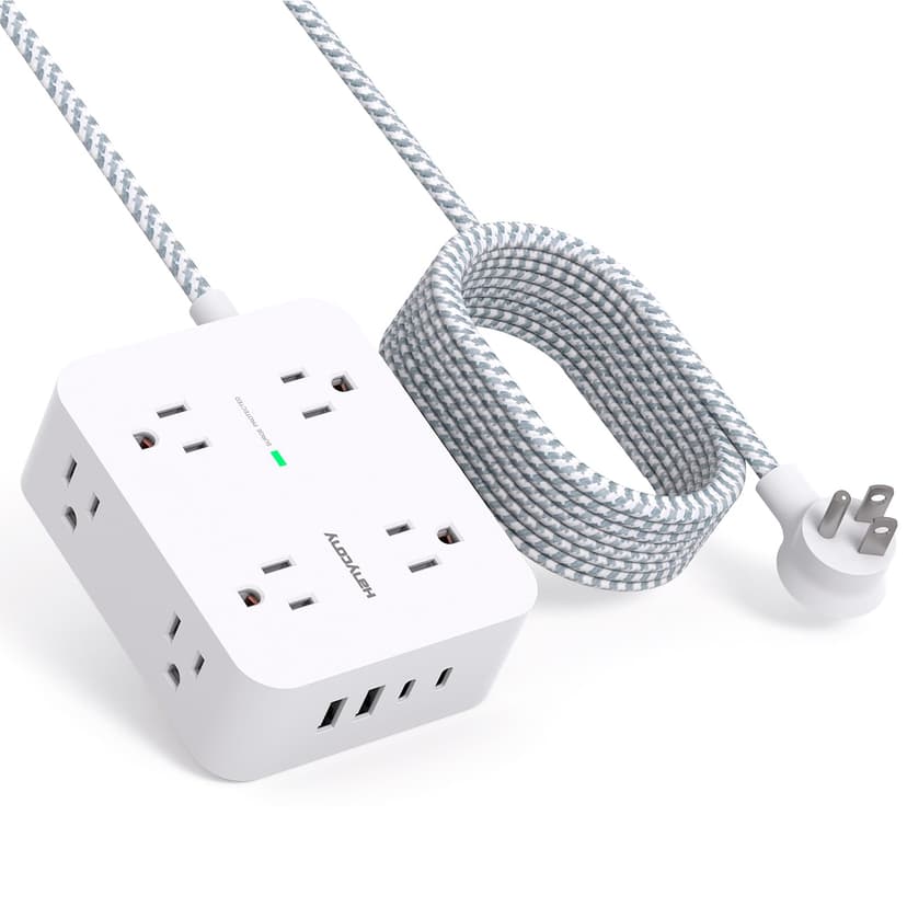 HANYCONY Surge Protector Power Strip, 10 Ft Braided Extension Cord, 1080J | 8 AC Outlets 4 USB (2 USB C) Ports, Flat Plug, Wall Mount Desk, USB Charging Station, Home Office, Dorm Room ETL