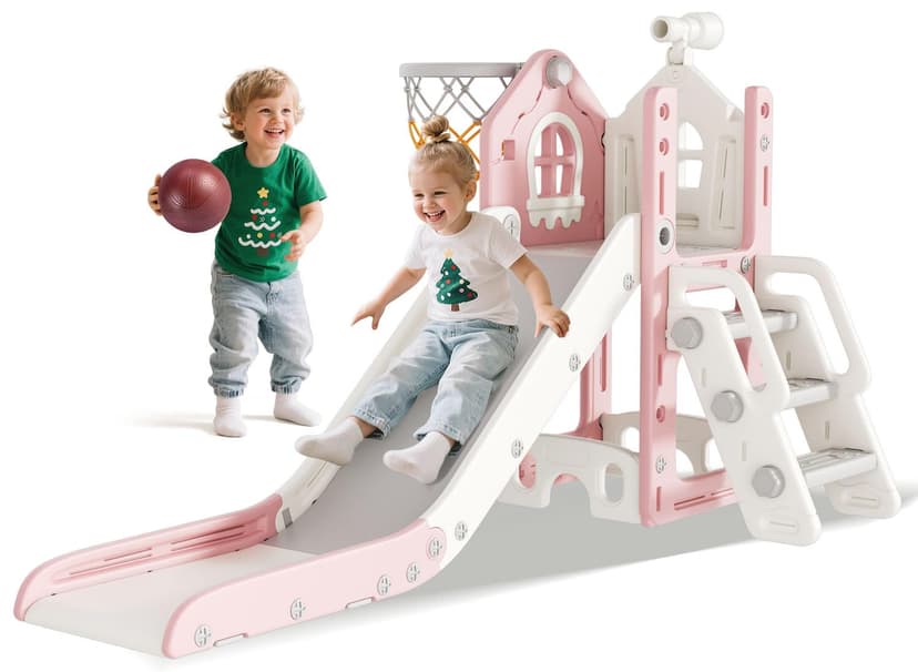 BIERUM 6 in 1 Toddler Slide - L-Shaped Baby Slide for Toddlers Aged 1-3 with Basketball Hoop, Telescope Toy and Anti-Slip Pads, Indoor Outdoor Toddler Playset, Pink Gray