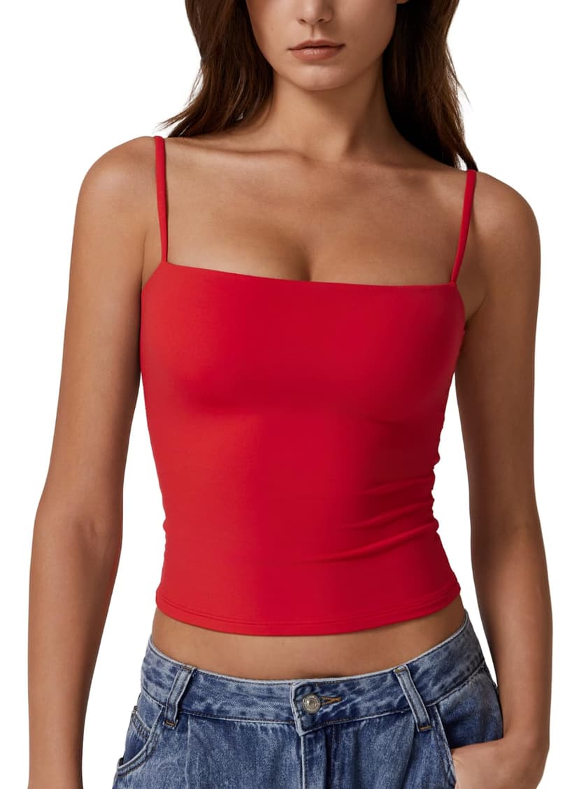 QINSEN Women's Double Lined Basic Tank Top Adjustable Spaghetti Straps Sleeveless Camisole Shirts