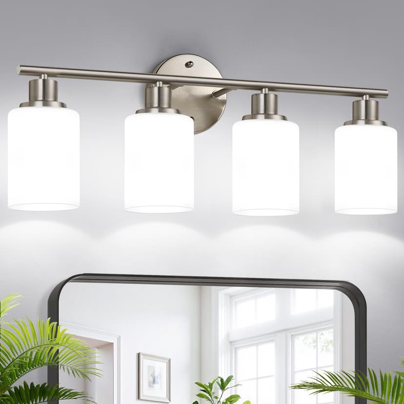 Zarbitta 4-Light Bathroom Light Fixtures, Brushed Nickel Modern Vanity Lights with Milky White Frosted Glass Shades, Bathroom Wall Lamp for Mirror Kitchen Living Room