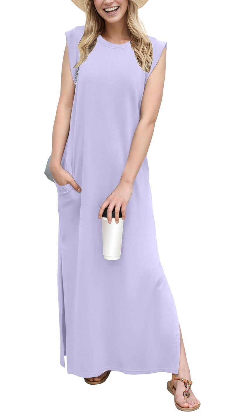 GRECERELLE 2026 Women Year-Round Casual Round Neck Loose Split Wrinkle-Free Long Maxi Vacation Dress with Pockets (XXS-4XL)