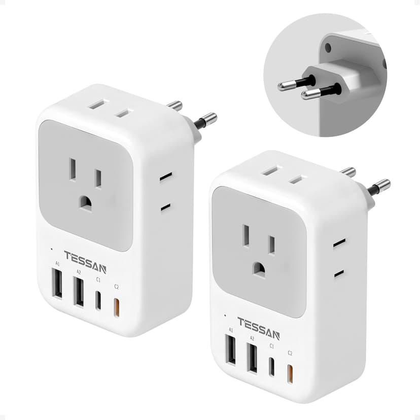 TESSAN European Travel Plug Adapter 2 Pack, PD 20W Adapter for Europe Plug with 4 AC Outlets 4 USB (2 USB C), Type C Adaptor for US to Europe, Italy, Spain, France, Portugal, Greece, Iceland, Germany
