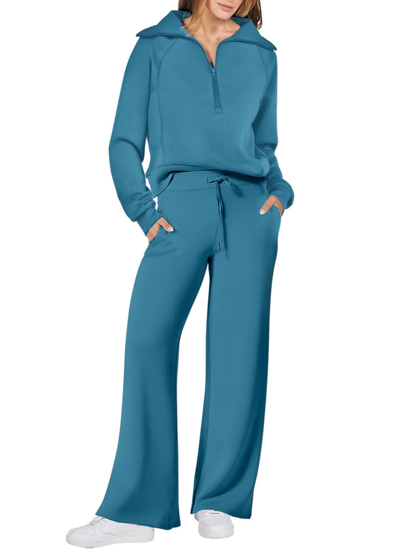 ANRABESS Women 2 Piece Set Sweatsuits Lounge Fall Outfits | Quarter Zip Pullover Wide Leg Pants & Pockets Matching Set,Casual Travel Fashion Airport Vacation Clothing,Sweat Track Suits
