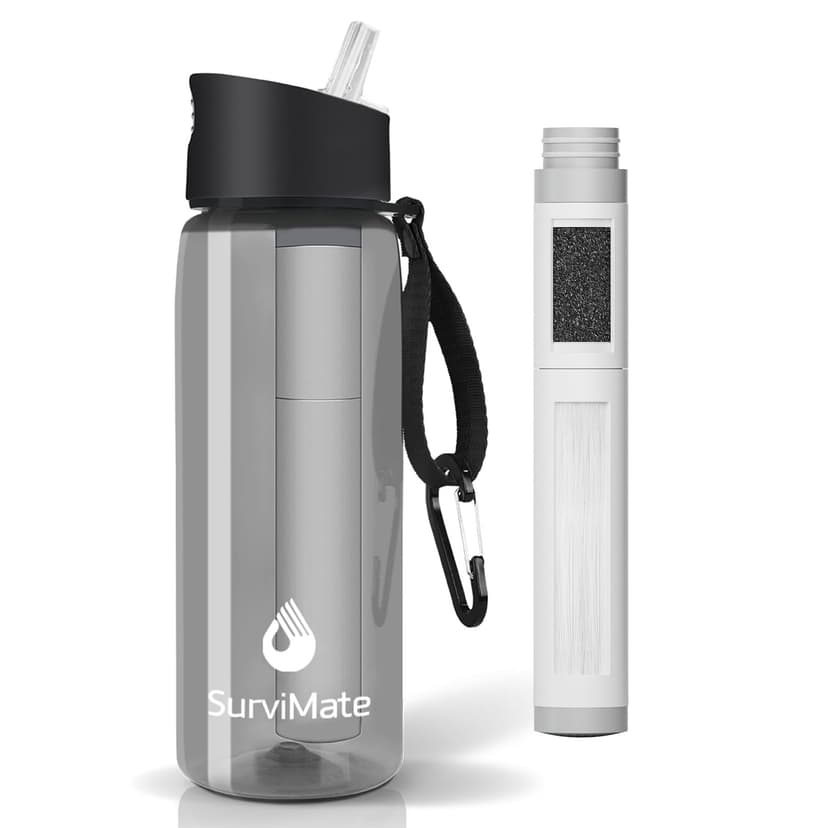 Survimate 5-Stage 0.01μm Ultra-Filtration Filtered Water Bottle, BPA-Free Material, NSF/ANSI 42 Certified, Portable Water Filter Bottle for Survival, Camping, Hiking, and Emergency Use