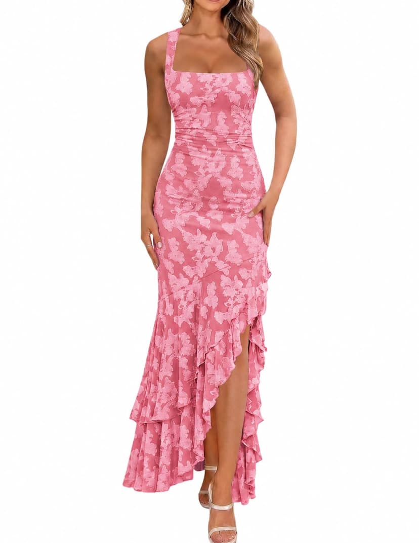 BORIFLORS Women's Elegant Ruched Floral Maxi Wedding Guest Dress | Mermaid Ruffle,Cocktail Formal Homecoming, Long Dresses