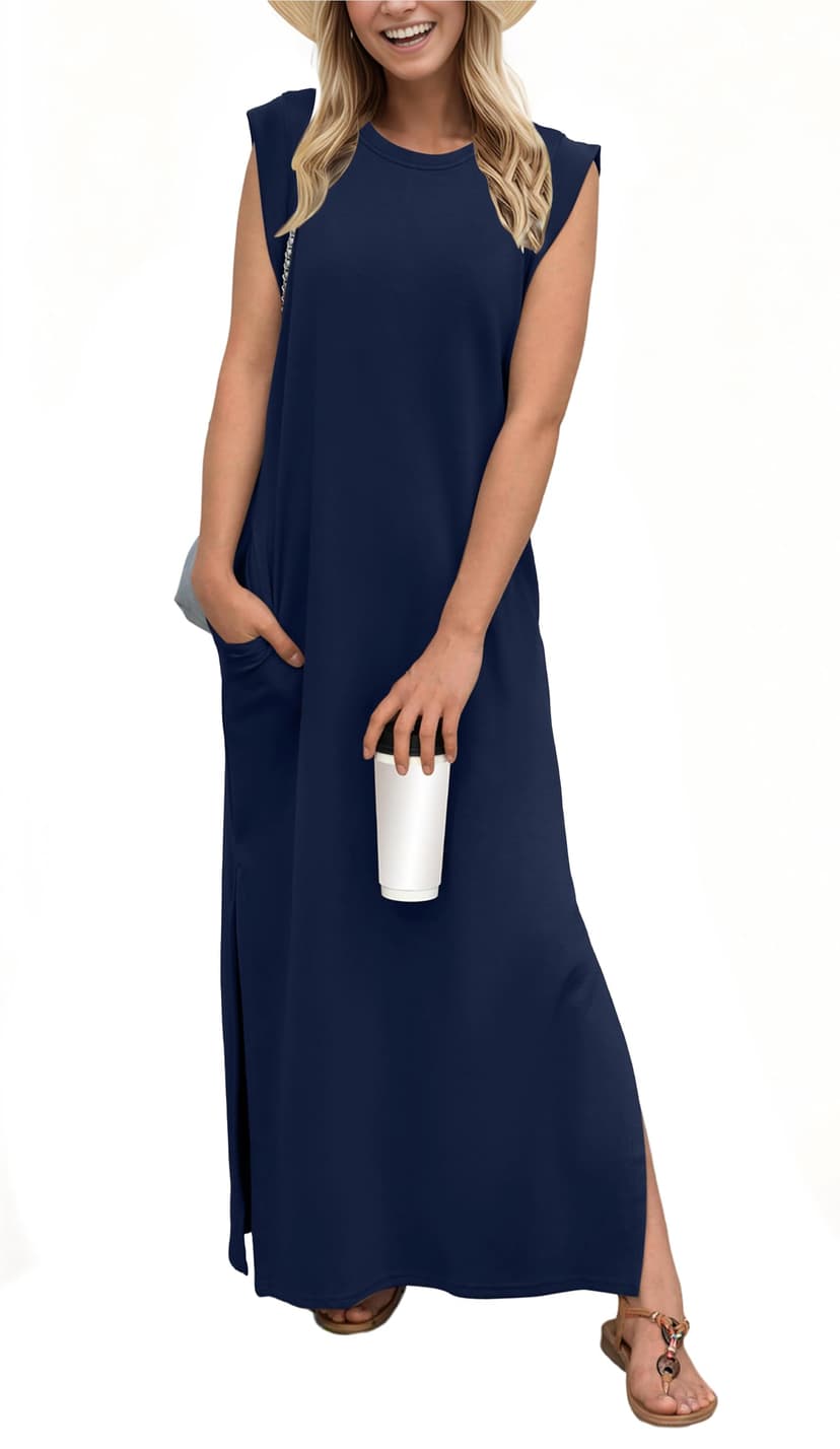 GRECERELLE 2026 Women Year-Round Casual Round Neck Loose Split Wrinkle-Free Long Maxi Vacation Dress with Pockets (XXS-4XL)