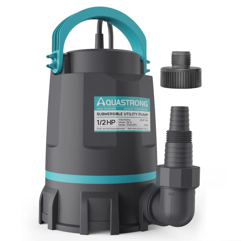 Aquastrong Sump Pump 1/2 HP Submersible Water Pump Thermoplastic Portable Utility Pump 3159 GPH High Flow Water Removal for Swimming Pool Garden Pond Basement Window Wells with 10ft Long Power Cord |