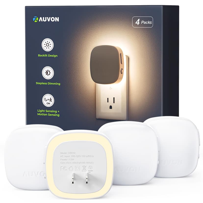 AUVON Plug-in LED Backlit Night Light 4 Packs, Motion & Dusk to Dawn Sensor | 2200K Soft Warm White Nightlight with 1-50lm Dimmable Brightness for Bedroom, Bathroom, Hallway, Kitchen, Garage, Nursery