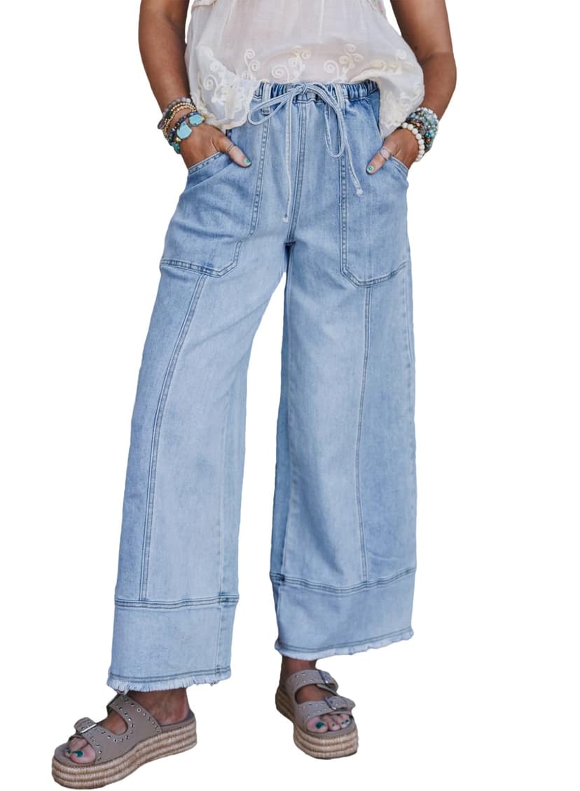 SHEWIN Women's Wide Leg Jeans High Waisted Baggy Jeans Stretchy Drawstring Denim Pants