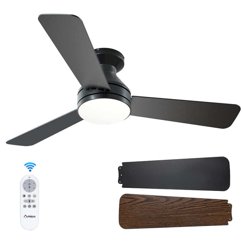Amico 42 Inch Black Low Profile Ceiling Fans with Lights and Remote | Flush mount, 3-color dimmable light, quiet reversible DC motor, easy install, memory, timer, bedroom, covered outdoor areas