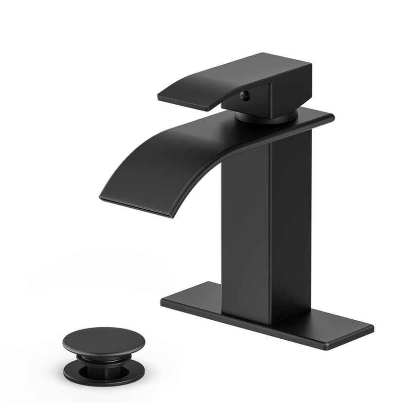 Ryuwanku Waterfall Bathroom Faucet, Matte Black Stainless Steel, 1-Handle | Modern Bathroom Sink Faucet for RV & Outdoor Basins, Pop-Up Drain, Supply Lines, 6-in Deck Plate, 1- or 3-Hole, NSF Certifie