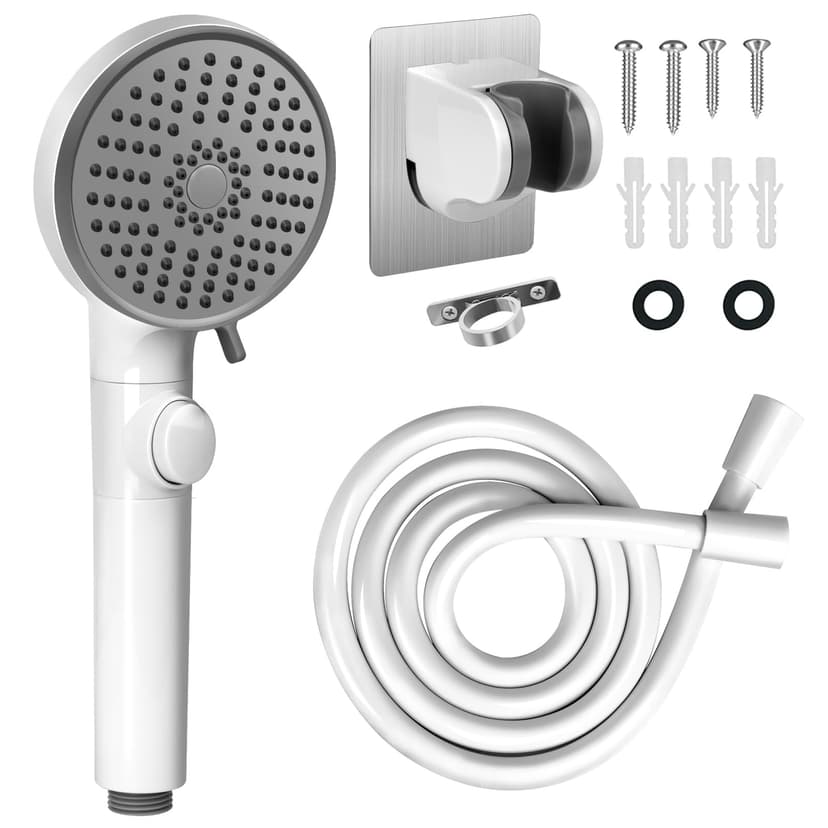 RV Shower Head with Hose, High Pressure 5 Mode Shower head Replacement, Showerheads for RV/Campers, Travel Trailer, Motorhome for Water Saving, Shower Head Holder and Hose, On Off Switch, White