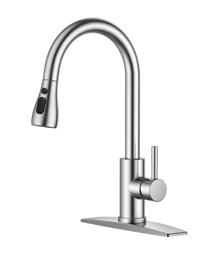 FORIOUS Kitchen Faucets Pull Down Sprayer, Stainless Steel, Brushed Nickel | Classic High Arc, Single Handle Kitchen Sink Faucet, Deck Plate for 1 or 3 Hole, Suitable for Farmhouse Camper Laundry Rv B