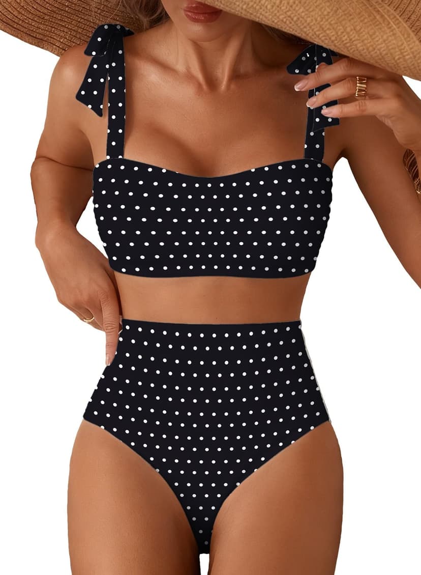 Herseas Women's Tie Shoulder Bikini Sets 2 Piece High Waisted Swimsuits | Removable pads,tummy control bathing suits,adjustable strap,full coverage,beach vacation outfits,cruise essentials