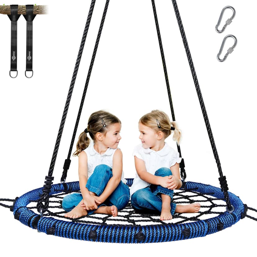 Trekassy 750lbs 40" Spider Web Saucer Tree Swing for Kids Adults, Outdoor Net Swing with Steel Frame and 2 Hanging Straps-Blue (Patented)