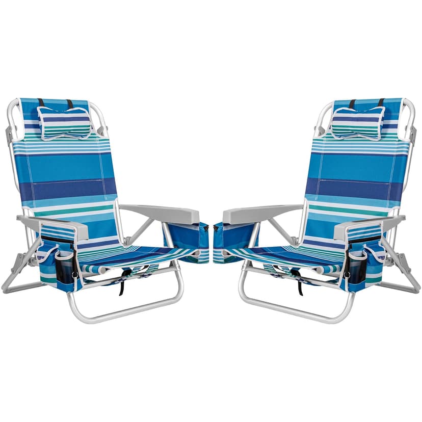 2Pk Aluminum Extra Wide 5-Position Lay Flat Folding Backpack Beach Chairs for Adults, with Cooler Bag, Cup&Phone Holder, Towel Bar for Outdoor Lawn Picnic Sport, Portable Camping Chairs, Blue Stripes
