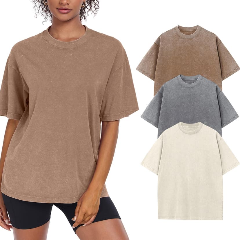 SnowElve Womens Washed Vintage Oversized T-Shirt Baggy Workout Tops Short Sleeve Cotton Tshirts Streetwear Boyfriend Tee