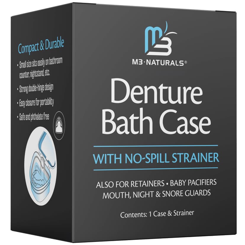 Denture Bath Case for Retainers, Phthalate-Free, No-Spill Strainer by M3 | 1 Case & Strainer for Invisalign Retainers, Baby Pacifiers, Mouth, Night & Snore Guards, Portable Soaking & Easy Rinsing