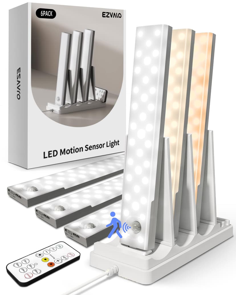 EZVALO Under Cabinet Lighting with Charging Station, Motion Sensor Lights | 6-Pack with Remote, 2000mAh Rechargeable Battery, Wireless, Magnetic, Timer, 3 Color Temps, Kitchen, Closet and More