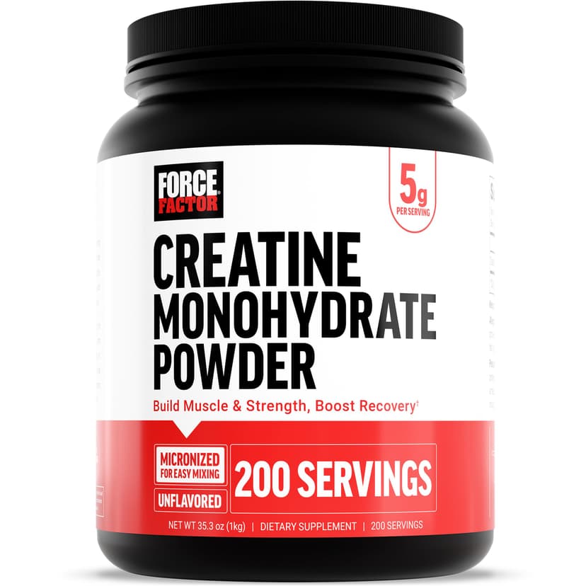 Force Factor Creatine Monohydrate Powder, 5g Dose, Micronized | Support Muscle Growth, Strength, Recovery, Cognitive Health & Memory, Unflavored, 200 Servings