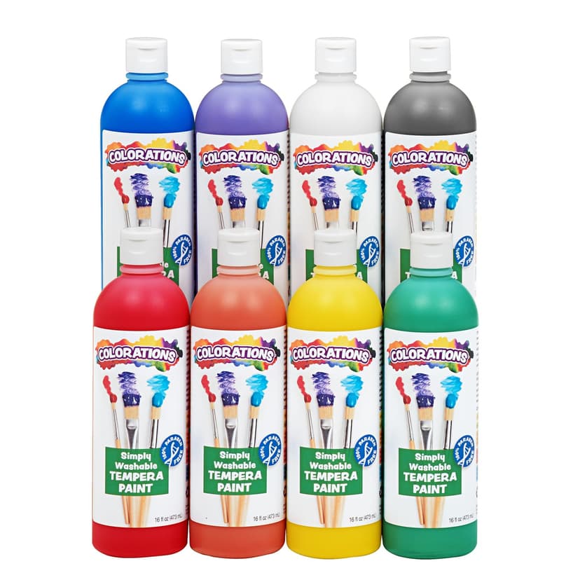 Colorations Paraben-Free Simply Washable Tempera Paint, Rainbow Plus 8-Pack | Matte Finish, Vibrant Colors, Non-Toxic, Classroom Supplies, School & Craft Art Supply Set, 16 oz Each