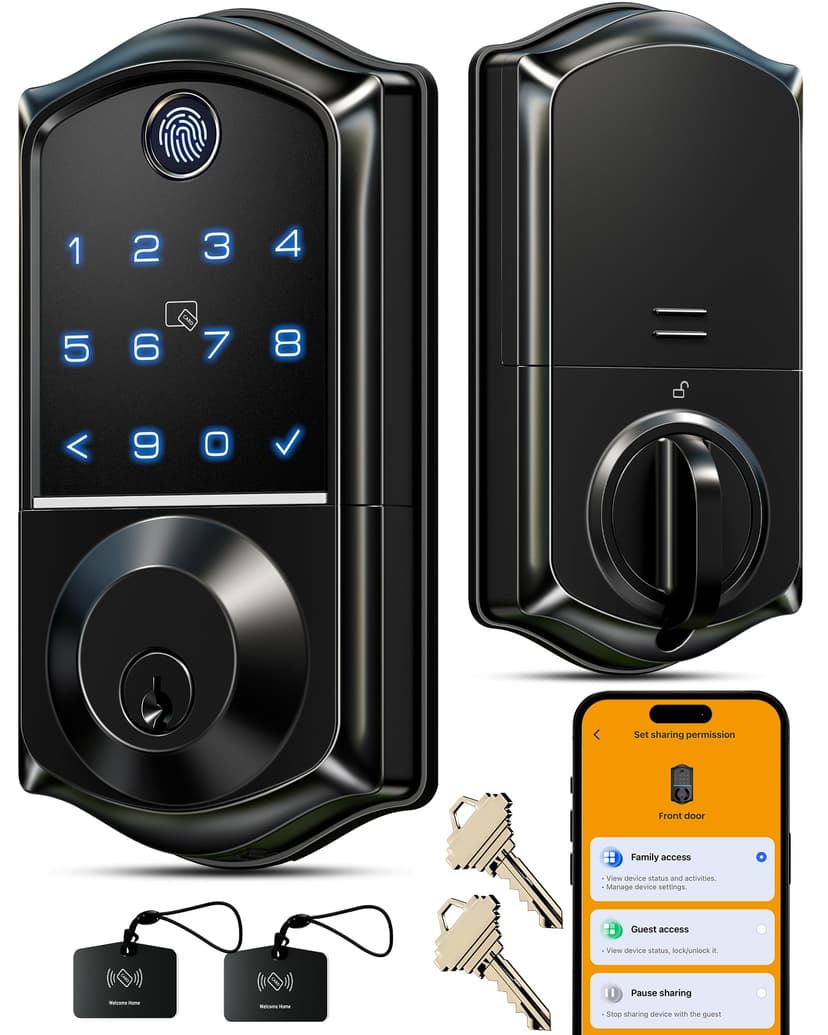 Veise VE017 Fingerprint Smart Door Lock with App Control, Matte Black | 8-in-1 Keyless Entry, Remote User Management, Auto Lock, Electronic Touchscreen Keypad, USB-C Port, Deadbolt for Front Door