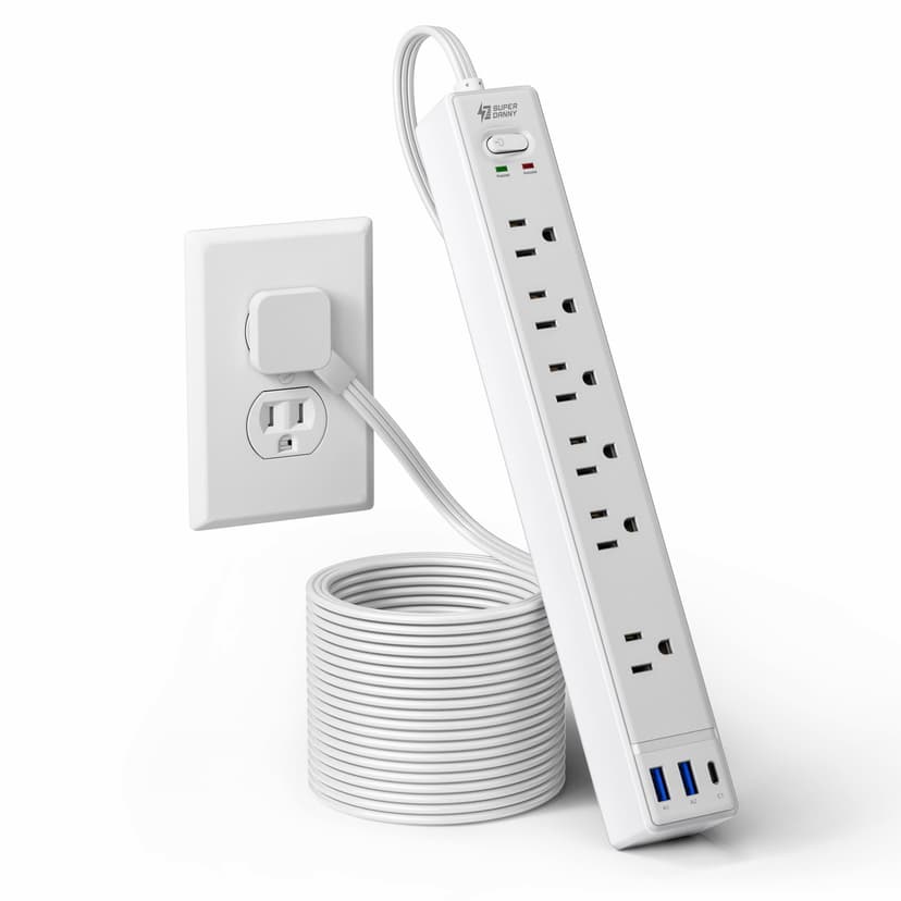10Ft Flat Extension Cord with Multiple Outlets, Surge Protector Power Strip | SUPERDANNY Flat Plug Power Strip with 6 Outlets & 3 USB, Charging Station for Home, Office, College Dorm Room Essentials