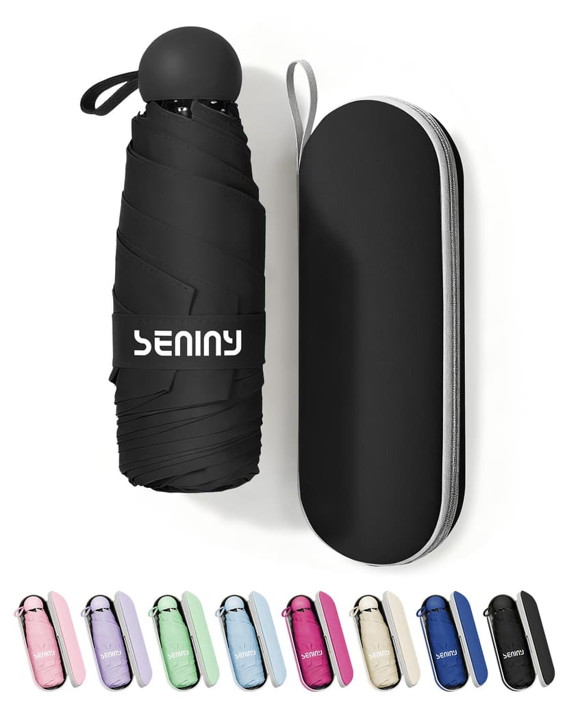 Seniny Mini Travel Umbrella with Case, Compact Pocket Size UV Sun & Rain | Tiny purse size fits pocket, UV protection waterproof fabric, lightweight folding, great for women kids daily travel