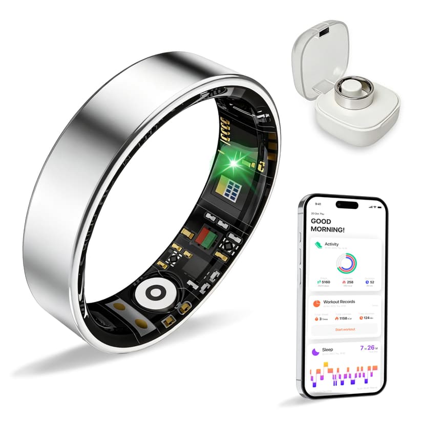 New Smart Ring Health Tracker for Women & Men, Sleep Exercise Health Monitoring, Daily Tracking, iOS/Android Compatible, IP68 Waterproof, No Subscription Required, 5‑Day Battery Life (Silver, 9)