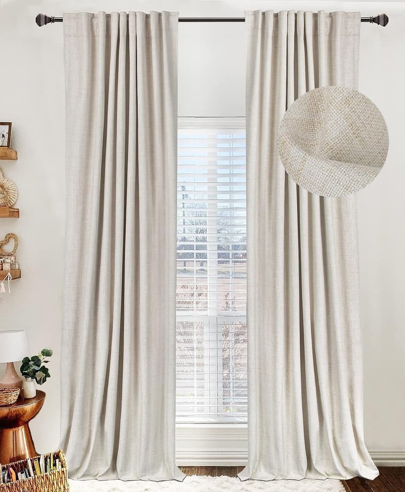 Linen Total Blackout Curtains for Bedroom Living Room 84 Inch, Cream | 100% Blackout Shield Linen Textured Back Tab/Rod Pocket Drapes, Thermal Insulated Blackout Curtains 2 Panels Set, 50"W x 84"L
