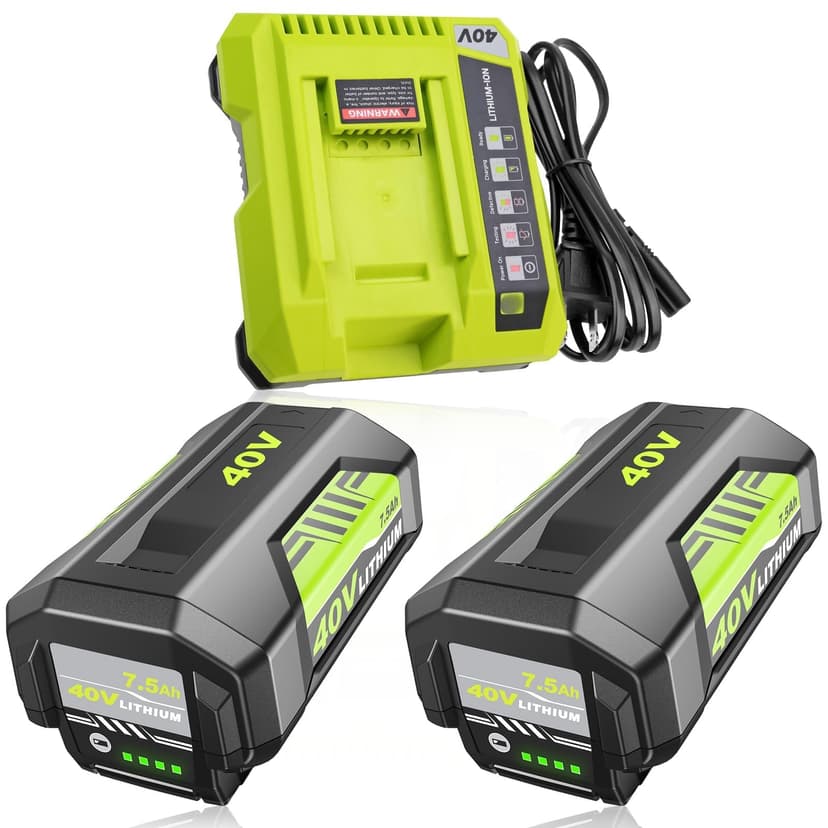 2Pack 7500mAh and OP401 Charger Replacement for Ryobi 40V Battery Lithium | Compatible with Ryobi 40 Volt Batteries Lithium OP4026 OP4026A OP40201 OP40261 OP4030 OP40301 Power Tool