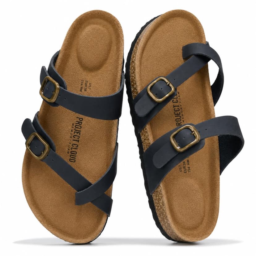 Project Cloud 100% Genuine Leather Womens Sandals Slides for Women (Lian) | Sandals Women Memory Foam Insole Cork Footbed Non Slip Sandals for Women Lightweight Beach Vacation Summer Essentials Comfor