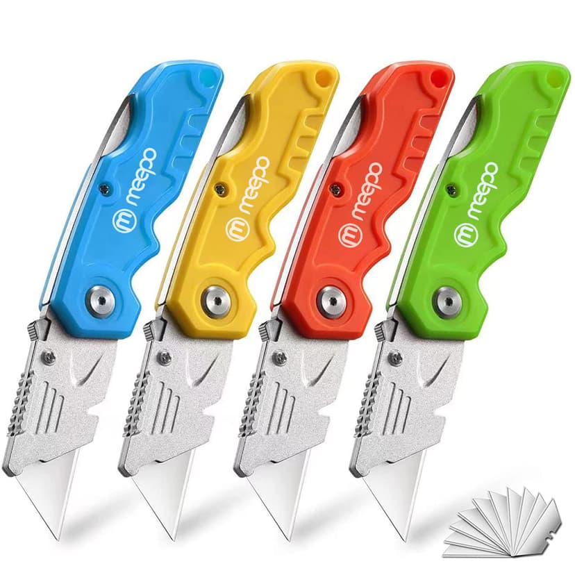 M MEEPO 4-Pack Box Cutter, Colorful Folding Utility Knife w/ 10 pcs Blades | Tough Design, Razor Sharp Blade, Comfortable Handle, Can cut Drywall, Sheet Plastic, Linoleum, Boxes, Rope