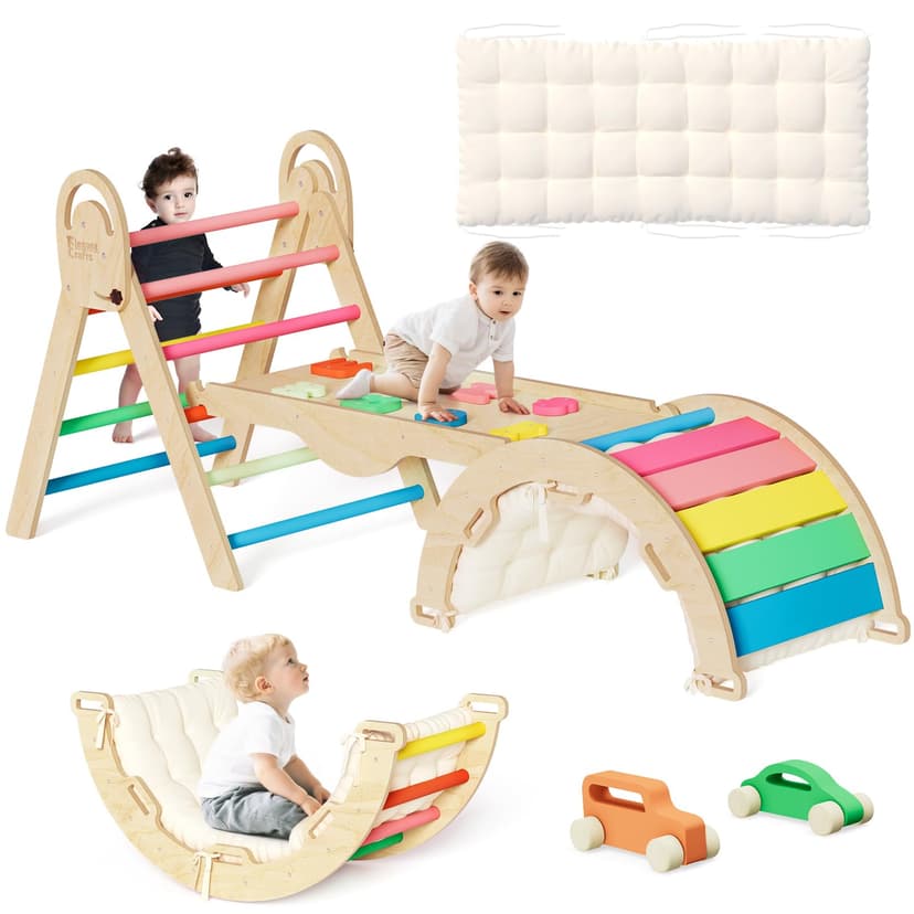 ElegantCrafts Pikler Triangle Set with Cushion, Montessori Climbing Set, Indoor Climb Toys, Indoor Playground Jungle Gyms, 9 Combinations Climbing Toy Set for Toddler, Baby, Kids 1-4