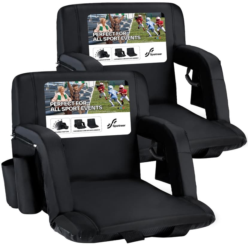 Sportneer Stadium Seats with Back Support: 2.5'' Thick Comfy Cushion 6 Adjustable Angle Bleacher Seat with Armrest - 2 Large Pockets, 2 Cup Holders Stadium Chair for Sport Events Concerts Parks