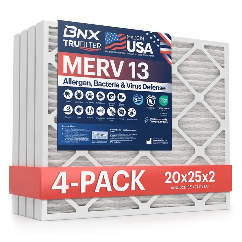 BNX TruFilter 20x25x2 MERV 13 (4-Pack) AC Furnace Air Filter - MADE IN USA - Electrostatic Pleated Air Conditioner HVAC AC Furnace Filters - Removes Pollen, Mold, Bacteria, Smoke